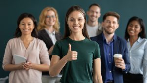Happy,Young,Female,Business,Leader,Making,Like,Thumb,Up,,Diverse